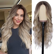 Long Ombre Dirty Blonde Wavy Wig for Women 26 Inch Middle Part Lace Hairline ...