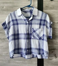 Rails Top Women's XS  Whitney  White Blue Button Up Linen Blend Plaid Boxy