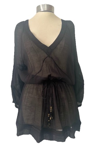 Vix Paula Hermanny Black Semi Sheer Kaftan Beach Cover Up Tunic Top S UK 10-12 - Picture 18 of 24