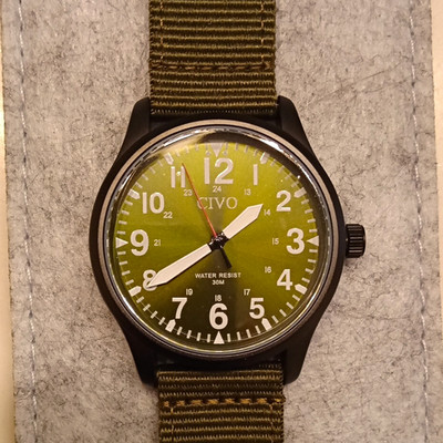 CIVO Men's Quartz Analog Watch Green Dial Arabic 30m Black SS 40mm Nylon