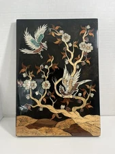 Vintage  Lacquer Miniature Art 10” x 13.5"  Birds Picture Inlaid Wood