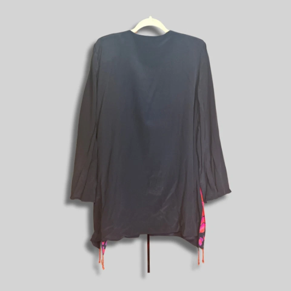 Diane Gilman Top V-Neck 100% Silk Sequin Floral Animal Print Black Red Women's L - Image 2 of 4