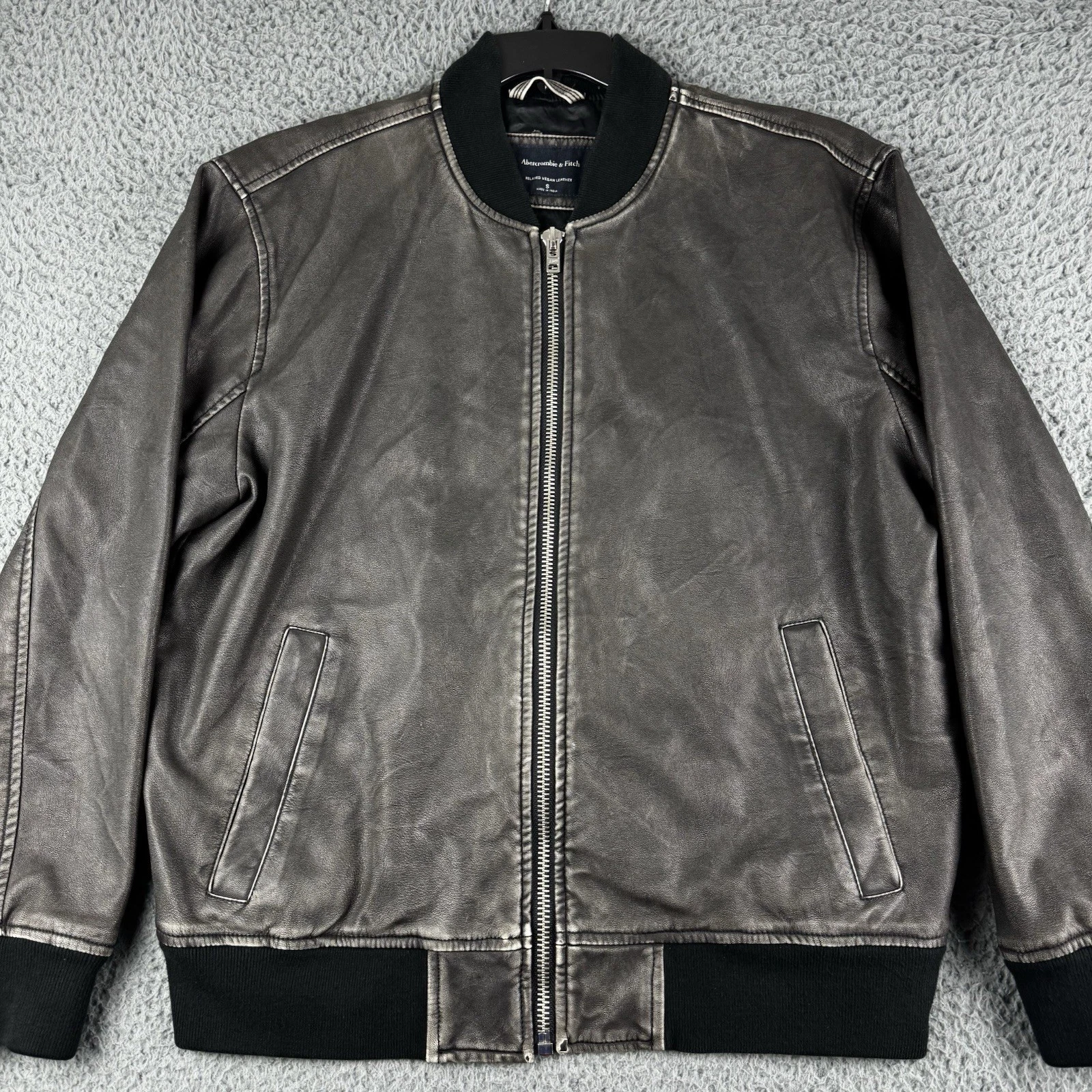 Abercrombie & Fitch Jacket Mens Small Relaxed Vegan Leather Bomber Grey Full Zip - product detail image 1