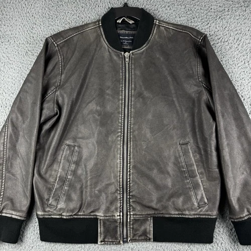Abercrombie & Fitch Jacket Mens Small Relaxed Vegan Leather Bomber Grey Full Zip video thumbnail