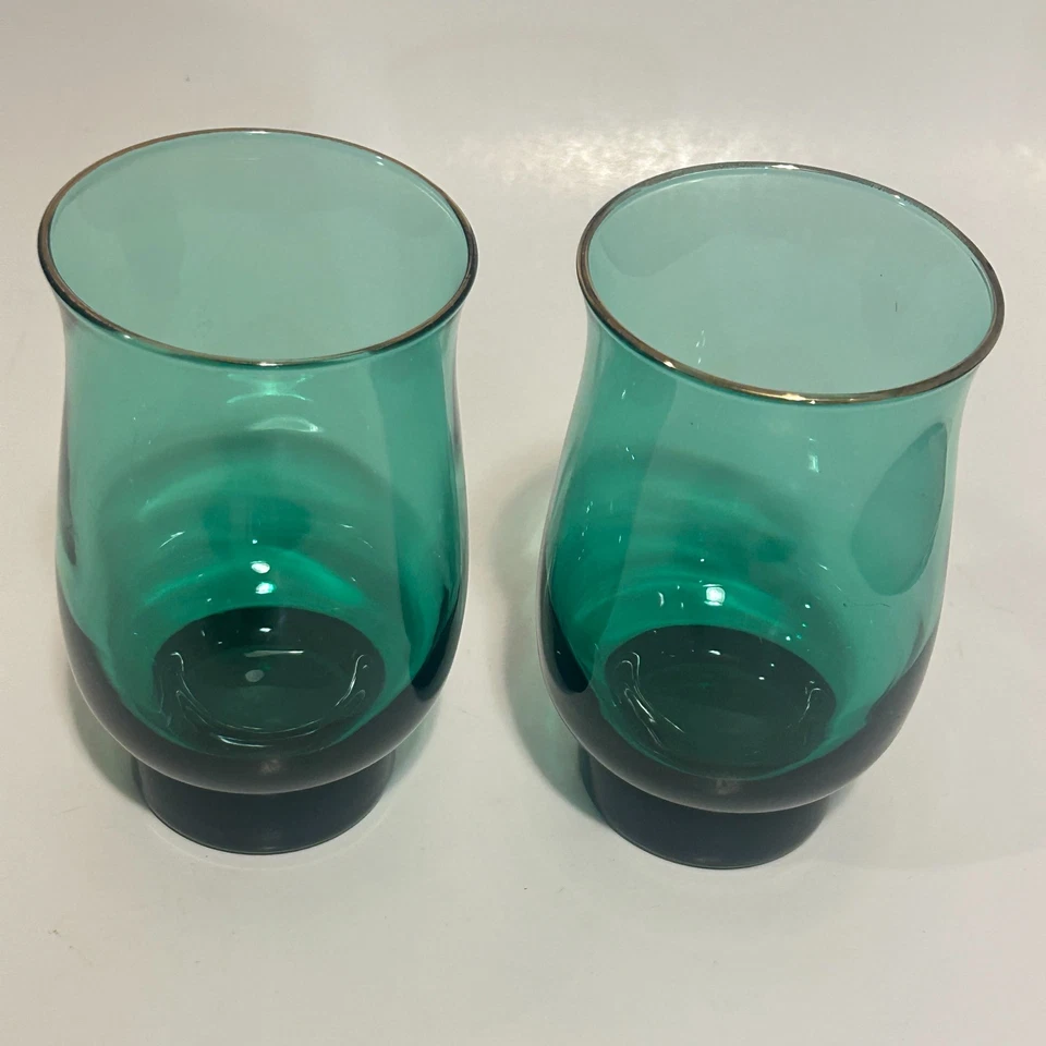 复古 Libbey Juniper 绿色金色边缘郁金香高球眼镜泪滴 2 件套 — 第 3/4 张图片