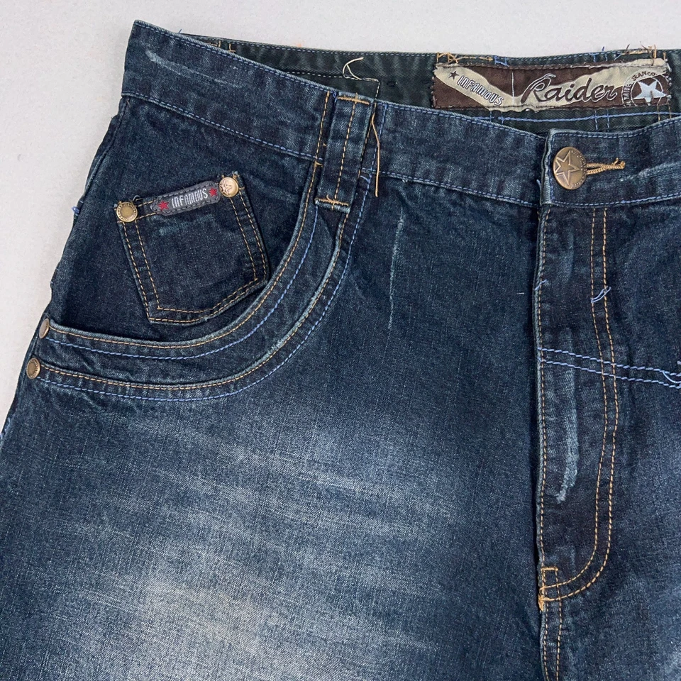 Pantalones de mezclilla Raider para hombre 36x32 azul oscuro calle urbano holgados patinador hip hop Y2K Foto 3 de 4