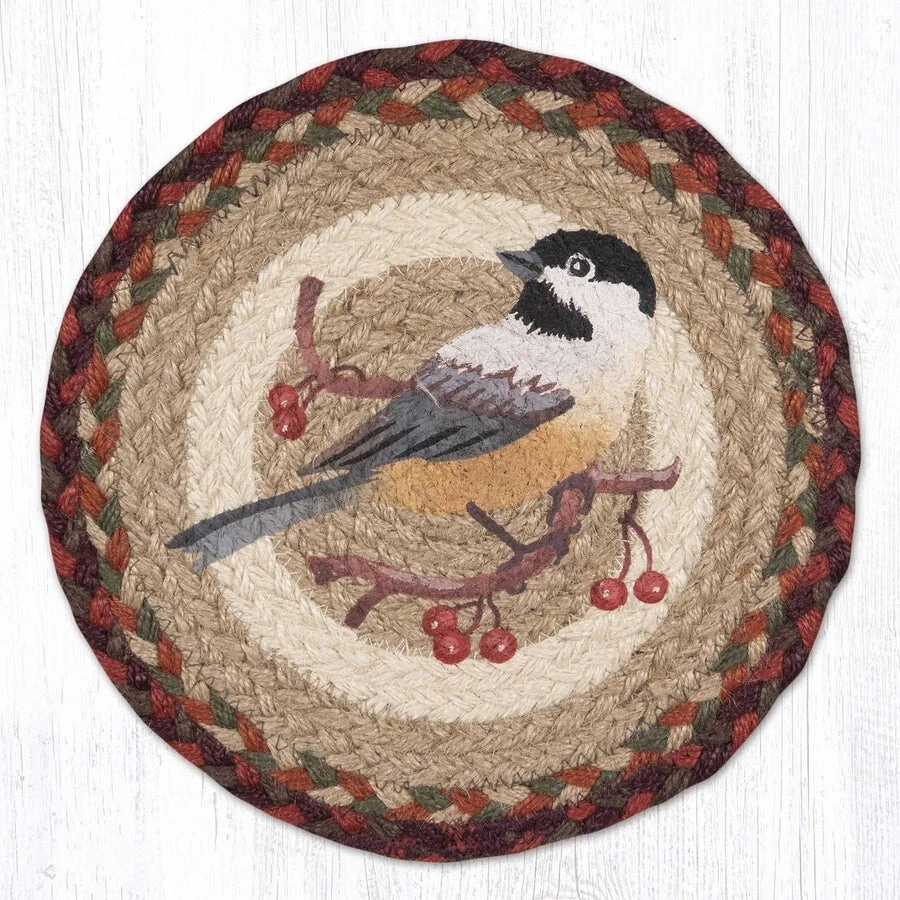 CAPITOL EARTH RUGS Chickadee with Berries 10" Round Placemat Trivet Earth Rugs, Braided Jute, Bird