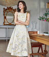 High Waist Dress Women Organza Jacquard Embroidery Party A-line Sleeveless Dress