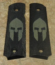 1911 Grips - SPARTAN HELMET - BLACK/ODG - .45, AMBI CUT, FULL SIZE, CUSTOM