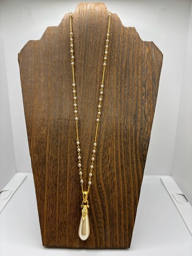 Nolan Miller Vienna Pendant w Simulated Pearl Chain Gold Tone Crystals New 22" - Picture 9 of 11