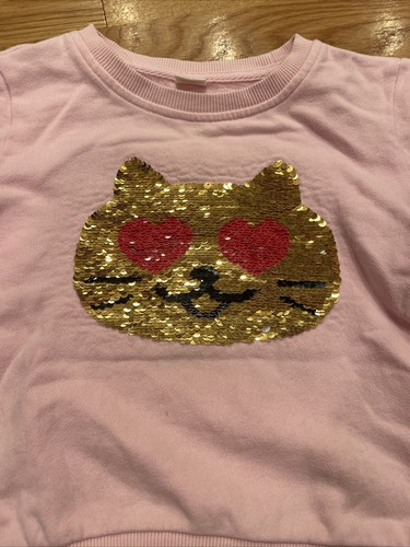 Pink Long Sleeve Sweater Cat Face Flip Sequin - Size 120 (5T) - Picture 2 of 3