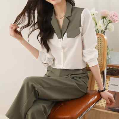 Tailleur Completo Outfit Set Camicia Maglia Pantaloni Verde Bianco