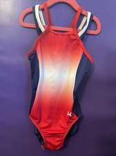 GK ELITE strappy back GYMNASTICS dance LEOTARD Child Large RED WHITE BLUE