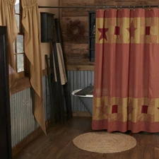 New Primitive Country Farmhouse Bath Burgundy Tan Nine Patch Star Shower Curtain