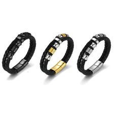 Mens Genuine Leather Beaded Stainless Steel Magnetic Buckle Bracelet Bangle Cuff