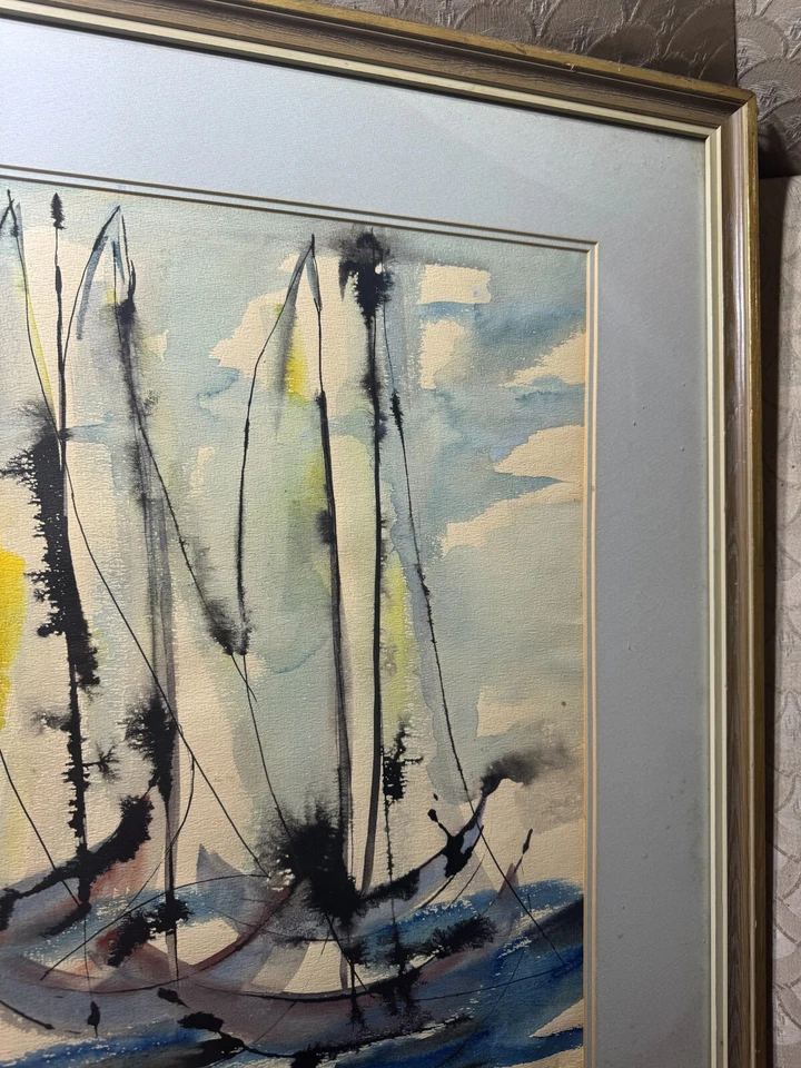 Pintura Acuarela Impresionista Vintage "Escena de Veleros" - Enmarcada Foto 3 de 4