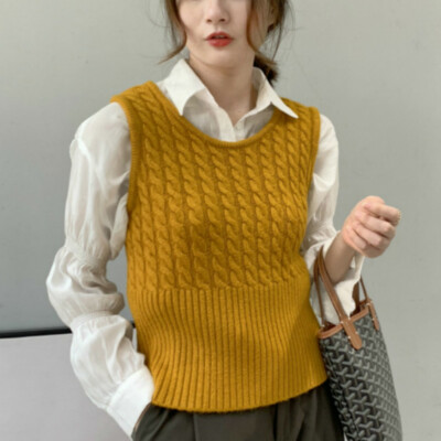 Women Cable Knit Sweater Jumper Knitwear Vest Waistcoat Retro - Main Image