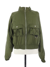 Anwnd Bomber Flight Jacket Khaki Green Cropped Faux Fur Sherpa Lined Full Zip M