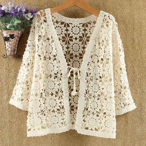 Women Crochet Lace Shrug Cardigan Top Hollow Out Knitted 3/4 Sleeve Shawl Coat