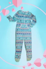 SECRET TREASURES Aqua Pink FAIR ISLE Fleece HEART One Piece Pajamas Womens Large