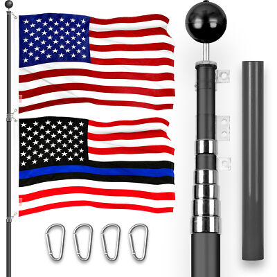 20Ft Telescoping Flagpole Black & USA and Blue Lives Matter Flags Emb 300D 3x5Ft