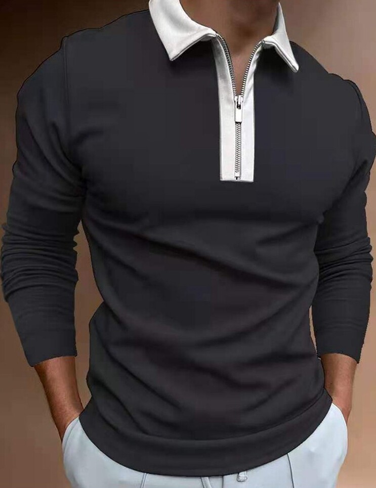 ヴィンテージマン Polo Shirt Mens Zipper Collar Long Sleeve Black White Contrast