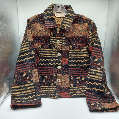 Life Style Women s Tapestry Jacket Size Medium Blazer Brown Tan Button Up 