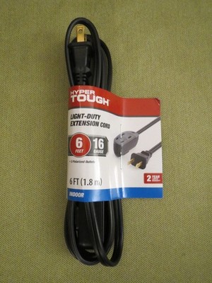 Hyper Tough Black, 6 foot Extension Cord, 16/2, Indoor Use, NEW