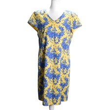 Vintage Talbots Shift Dress Yellow Blue Toile Floral Pagoda V-Neck Cotton Lined