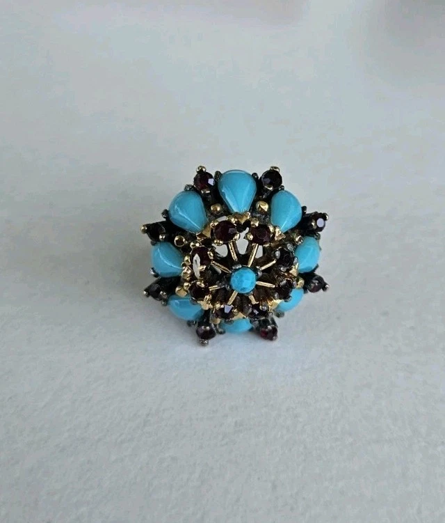 Vtg Victorian Sterling Silver Sleeping Beauty Turquoise & Garnet Ring Sz 5.5&11g - Image 3 of 4