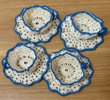 Set of 4 Vintage Crocheted Lace Tea Cup on Saucer Handmade Ivory and Dutch Blue