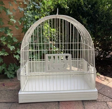 Antique Bird Cage 1930s White Hendryx Wire metal MCM Art Deco w/ 2 glass feeders
