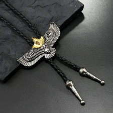 Stunning Detailed Unisex Black  Bolo Tie Gold & Silver Alloy Eagle Buckle