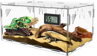 Reptile Terrariums, with Temperature Hygrometer, 15.7''X9.9''X7.1''Acrylic Reptile