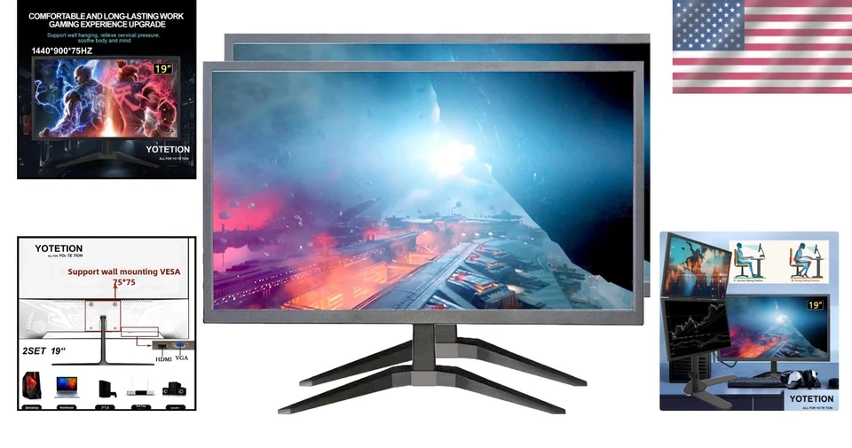 Dual 19-Inch HD Monitors with HDMI & VGA – Slim, Eye-Friendly Display for Hom... - Image 2 of 4