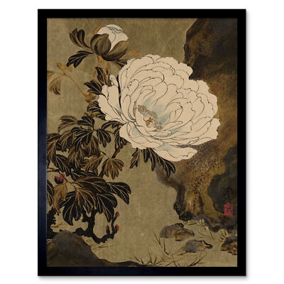 Zeshin Pfingstrosen Blume japanisches Lackgemälde Wandkunstdruck gerahmt 12x16