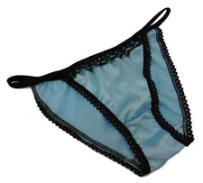 PALE BLUE Shiny SATIN black lace mini TANGA string bikini brief SIZES XS-XXL 
