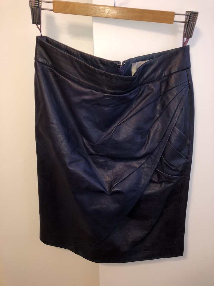 REISS VINTAGE PURPLE LEATHER SKIRT SIZE DRAPED WRAP KNEE LENGTH