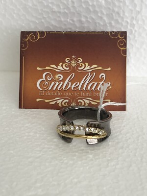Gunmetal Two Tone Cutout Statement Ring Dark Silver Gold Tone Crystals Size 6
