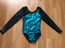 Girl's gymnastics competition turquoise /black leotard hand studded size 12