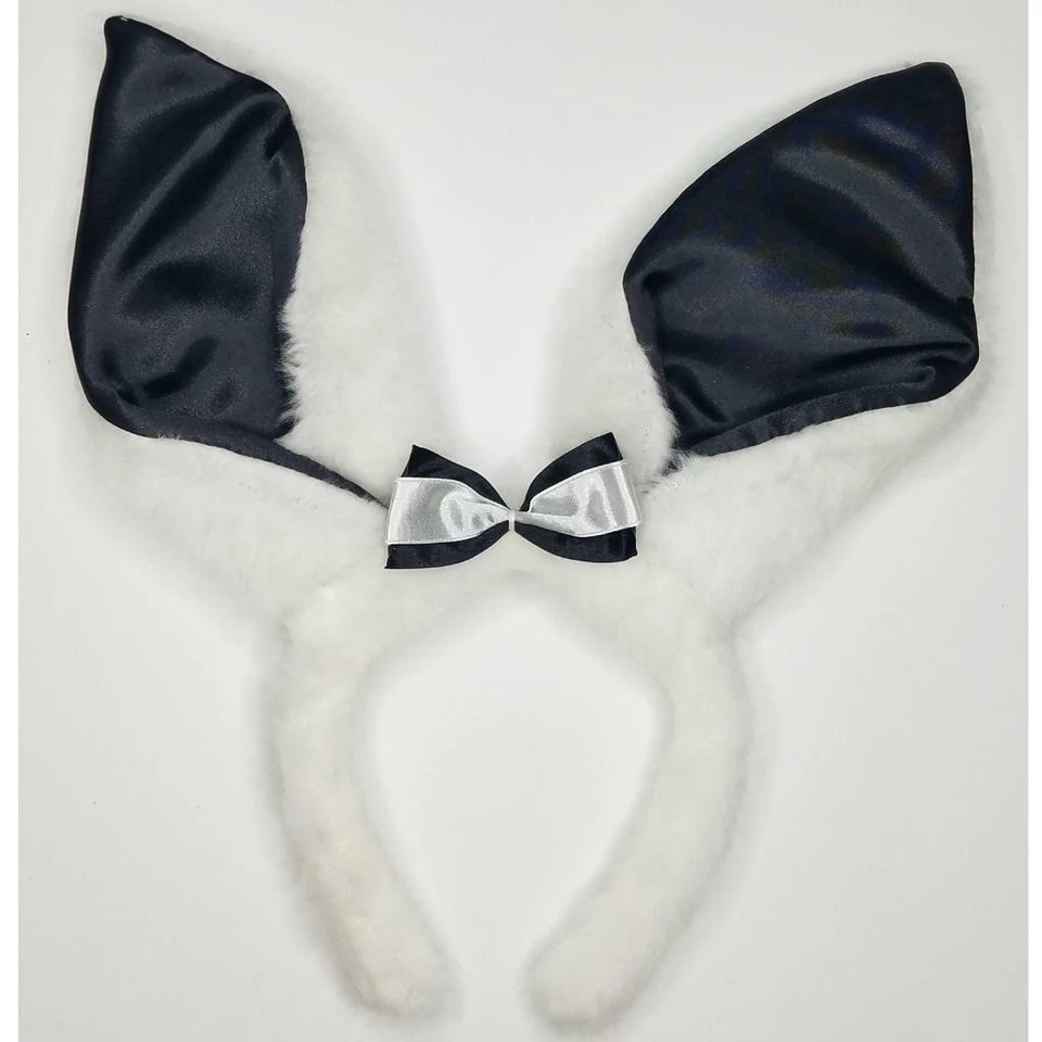 Diadema Fuzzy Bunny Ears forro negro satinado lazo peludo blanco conejo Playboy 1009 Foto 3 de 3