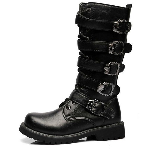 Mens Steampunk Leather Combat Boots Knee High Army Military Shoes Buckle Gothic - Picture 1 of 18