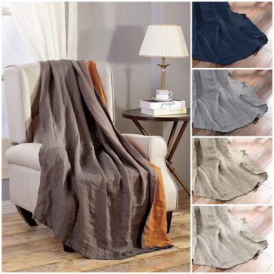 Pre-Washed Belgian Flax Linen Throw Blanket Soft Lightweight Reversible 50''x70''