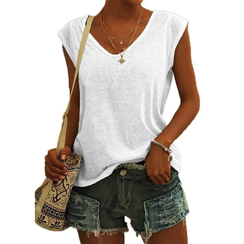 Women's V-Neck T-Shirt Casual Cap Sleeve Vest Solid Loose Blouse Fit Tank Tops - Picture 34 of 42