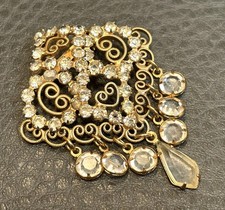 VTG Unsigned Czech Clear Crystal Station Dangle Charms Gold Tone Filigree Brooch
