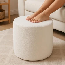 Round Pouf Ottoman and Foot Rest, Soft Boucle Footstool Ottomans for Living R...