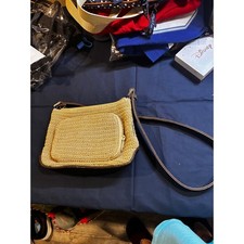 Villager Liz Claiborne Tan Woven Straw Crossbody Bag Brown Trim Organizer Pocket