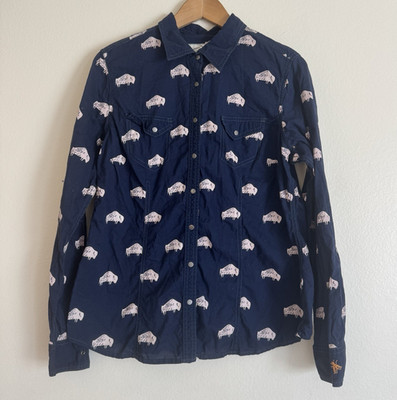 Barn Fly Trading Women L Blue Cotton Woven Button Up Shirt Bison Print Western