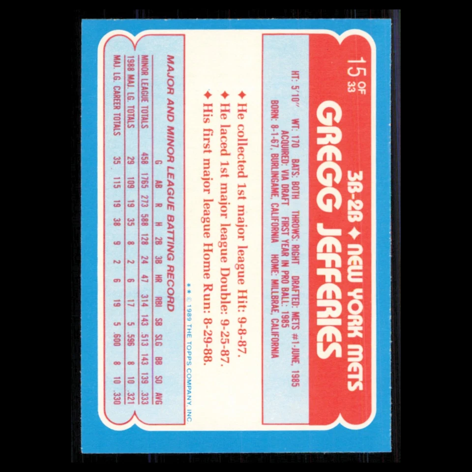 Gregg Jefferies Rookie #15 1989 Topps ToysRUs Rookies New York Mets Baseball MLB - Image 2 of 3