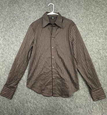 Just Cavalli Shirt Men Striped Brown Designer Italy Slim Fit Luxury Button Up